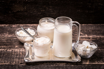 Dairy products,healthy food on wooden table