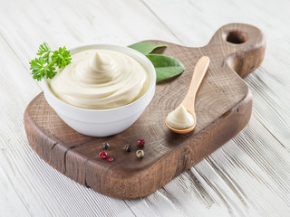 Natural mayonnaise ingredients and the sauce itself. - obrazy, fototapety, plakaty
