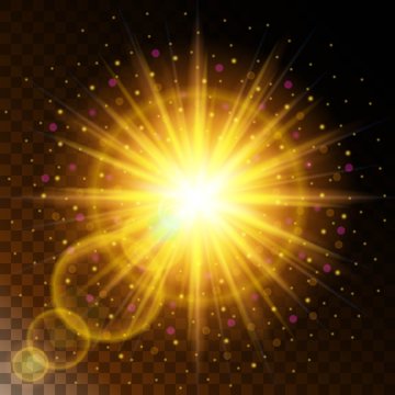 Set of glowing light effect star, the sunlight warm yellow glow with sparkles on a transparent background. Vector illustration