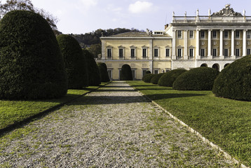Obraz premium tree-lined street with house in the background
