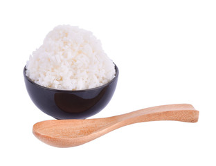 Rice in Bowl black Wooden spoons, wooden forks