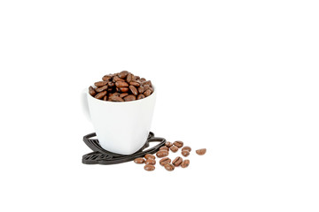coffee bean in cup and coffee beans on white background