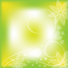 Beautiful green and white background with flowers and hearts