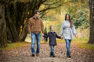 Naklejka na ściany i meble Lovely family walking in the autumn forest. Happy parents enjoying fresh air and beautiful nature, holding hands, talking, smiling and laughing. Healthy lifestyle