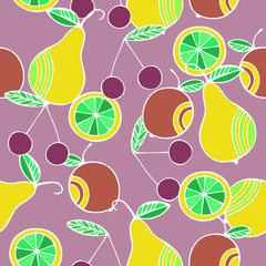 Set of colorful cartoon fruits : apple, pear, orange, cherry, lemon. Colorful Seamless Pattern.