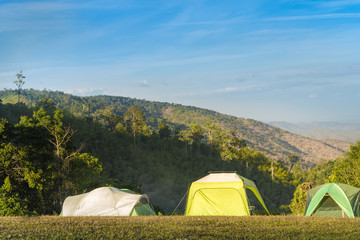 Tourist tent camping with sunshine in wilderness