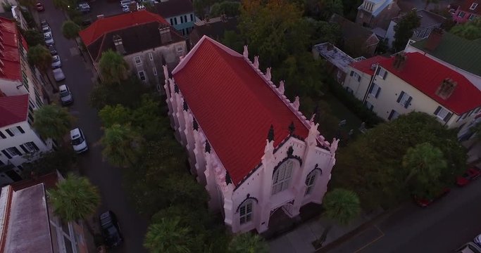 Aerial perspective of the French Huguenot Church in downtown Charleston, SC. The church in the historic French Quarter, and is gothic revival architecture style.