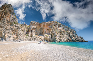 Agiofarago beach, Crete island, Greece. Agiofaraggo is one of the most beautiful beaches in Crete. It is surrounded by cliffs and rocks.