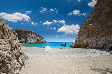 Fototapeta na wymiar Agiofarago beach, Crete island, Greece. Agiofaraggo is one of the most beautiful beaches in Crete. It is surrounded by cliffs and rocks.
