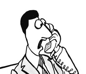 B&W close-up illustration of businessman yelling into the phone.