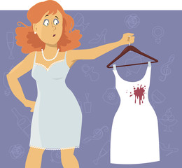 Upset woman looking at a wine stain on a white cocktail dress, EPS 8 vector illustration, no transparencies