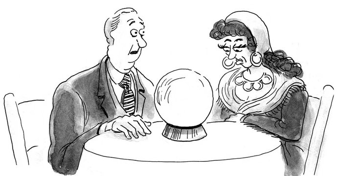 B&W illustration of a businessman asking a fortune teller to look into the crystal ball to tell him the future.