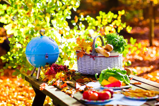 Grill and picnic basket in autumn garden
