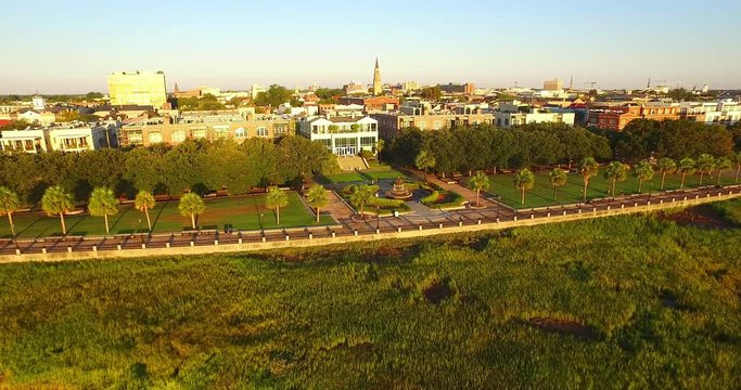 Aerial perspective of historic Charleston, SC skyline with Waterfront Park and the iconic Pineapple Fountain.
