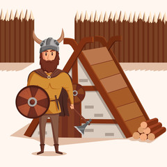 Viking with helmet with horns and axe, shield near lumbermill. Ancient norwegian warrior with mustache and shield near wooden fence. Can be used for historical military and scandinavian theme