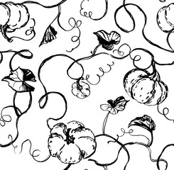 Doodle pumpkins, leaves and vines on white background. Hand-painted seamless pattern