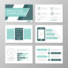 Set of turquoise template for multipurpose presentation slides with graphs and charts. Leaflet, annual report, book cover design.