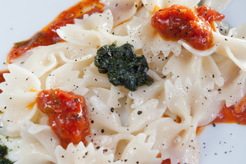 Farfalle Pasta with pesto and tomato sauce on white plate