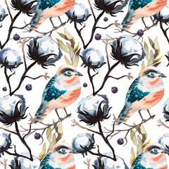 Seamless  vector pattern with flowers , branches, cotton,  bird, wild  Berry and leaves in vintage watercolor style. Hand drawn  vector illustration.