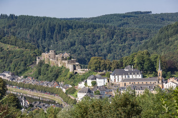 Obraz premium Aerial view Bouillon with medieval castle in Belgian Ardennes