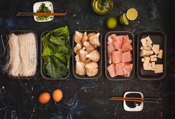 Group of raw ingredients for asian food.