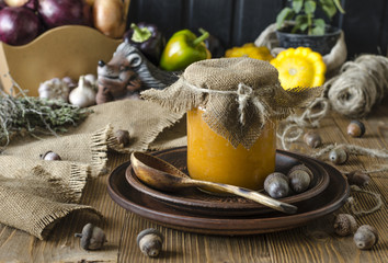 Homemade caviar of vegetables - squash, zucchini, tomatoes, onions, carrots, bell peppers and hot peppers  