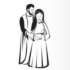 Joseph and Mary holding Jesus. Nativity vector. Christmas sketch drawings. Stylized holy family portrait.