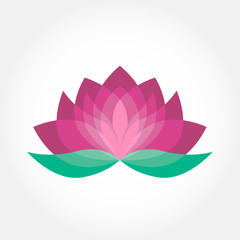 Lotus flower icon vector. Pink and green beauty design. Yoga holistic therapy concept.