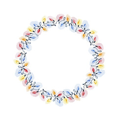 Christmas and New year light garlands like frame on a white background. Watercolor illustration.