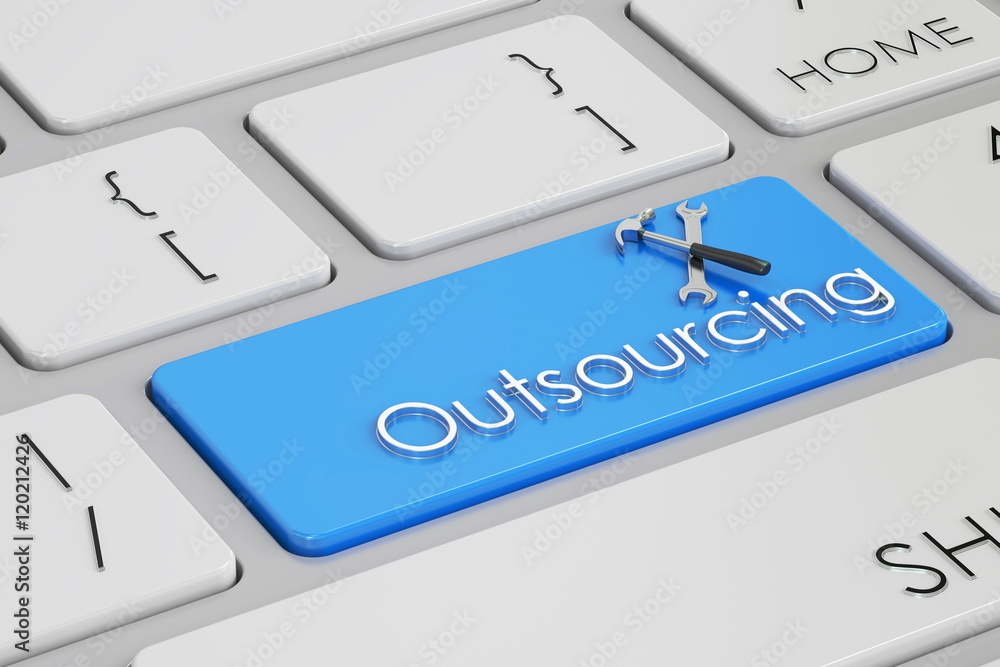 Poster outsourcing concept on keyboard, 3d rendering