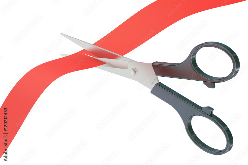Poster scissors and ribbon, 3d rendering