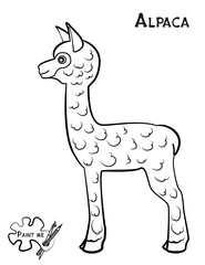 Children's coloring book that says Paint me. Alpaca
