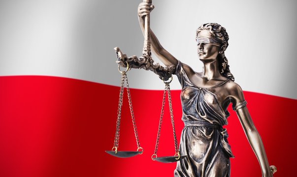 Themis with scale, symbol of justice on Polish flag background
