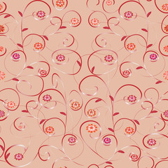 Seamless flower abstract pattern with leaves and branches on a pink background