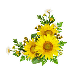 Sunflowers and wild flowers in a corner arrangement