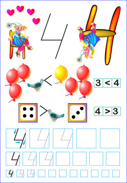 Educational page for children with number 4. Vector image.