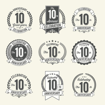 Set of Vintage Anniversary Badges 10th Year Celebration. Black and White.