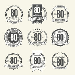 Set of Vintage Anniversary Badges 80yh Year Celebration. Black and White.