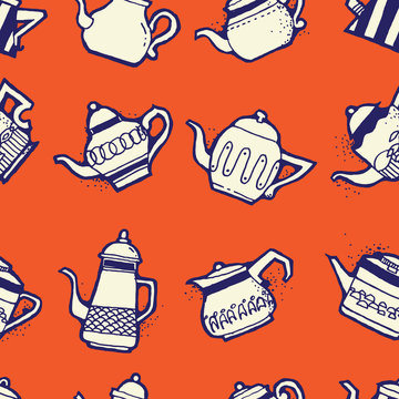 Vintage tea pots seamless pattern