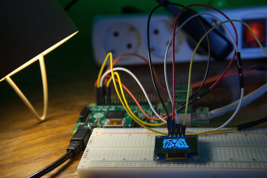 Tiny OLED monitor, attached to a popular single board computer, showing a computer graphics image of a furry cat.
