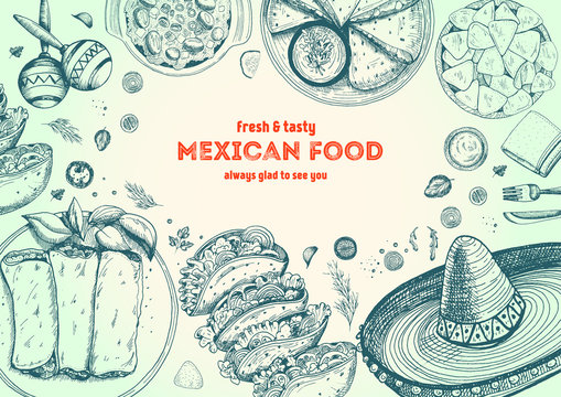 Mexican food frame. Mexican food vector illustration. Linear graphic style.