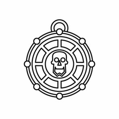 Piratical medallion with skull in outline style isolated on white background vector illustration