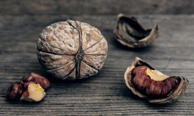 walnuts on old wooden table