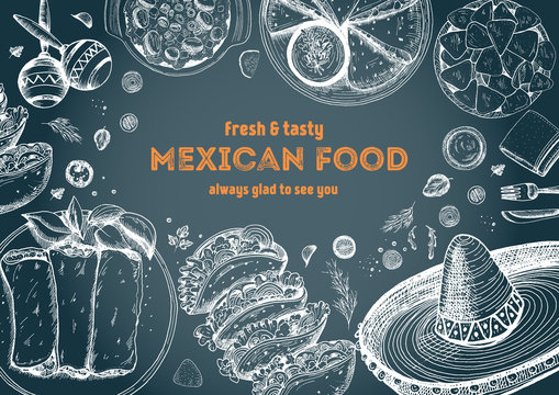 Mexican food frame. Mexican food vector illustration. Linear graphic style. Drawn on a chalkboard.