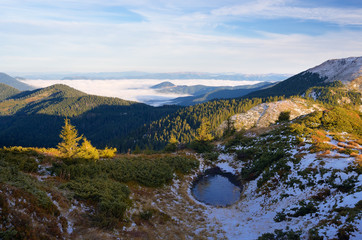 Autumn landscape with a lake in the mountains