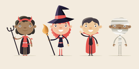 Smiling Children in Halloween Costumes. Flat Design Style. 