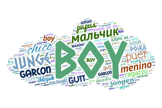 Creative tag cloud filled by word boy in different languages on white background. Vector.