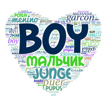 Creative tag cloud filled by word boy in different languages on white background. Vector.