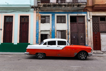Havana, Cuba 25.01.2016 Vintage classic american car parked in a street of Old Havana