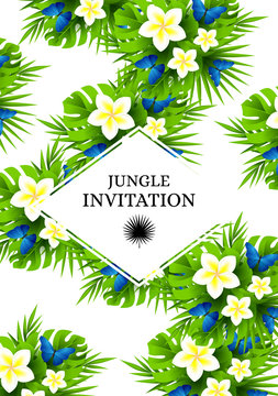 Tropical invitation background with exotic white flowers and blue butterflies